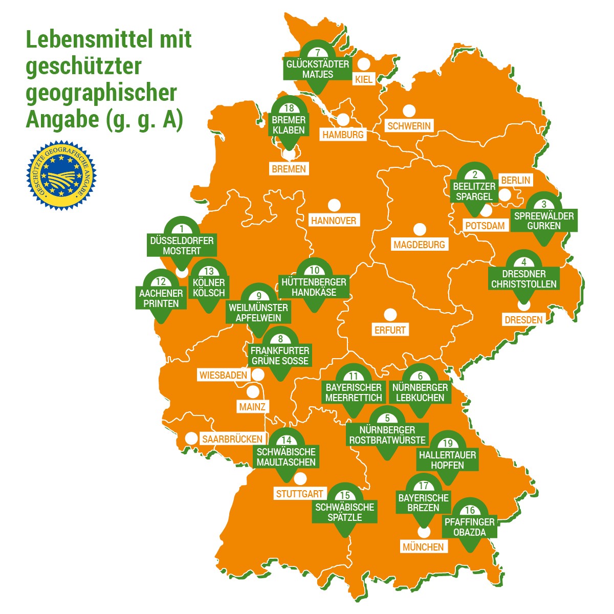 Eine Übersichtskarte von Deutschland mit Standorten von Lebensmitteln die eine geschützte geografische Angabe haben