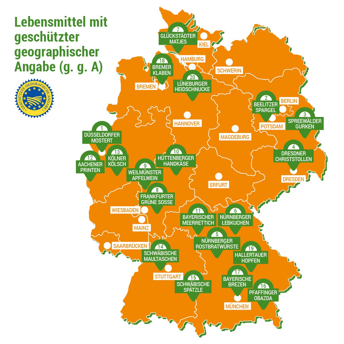 Eine Übersichtskarte von Deutschland mit Standorten von Lebensmitteln die eine geschützte geografische Angabe haben