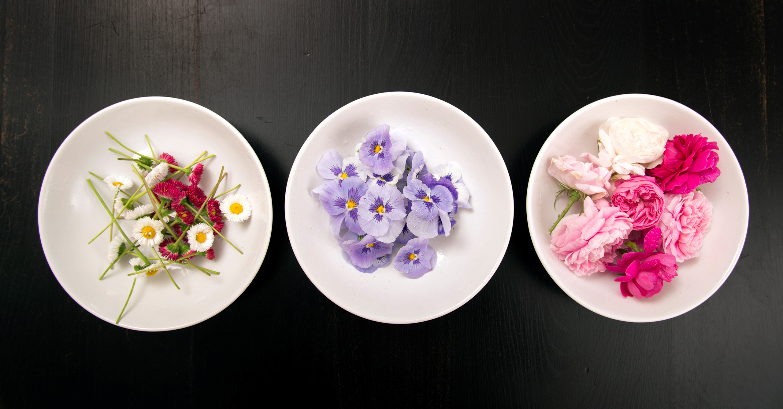 Teller mit verschiedenen essbaren Blüten