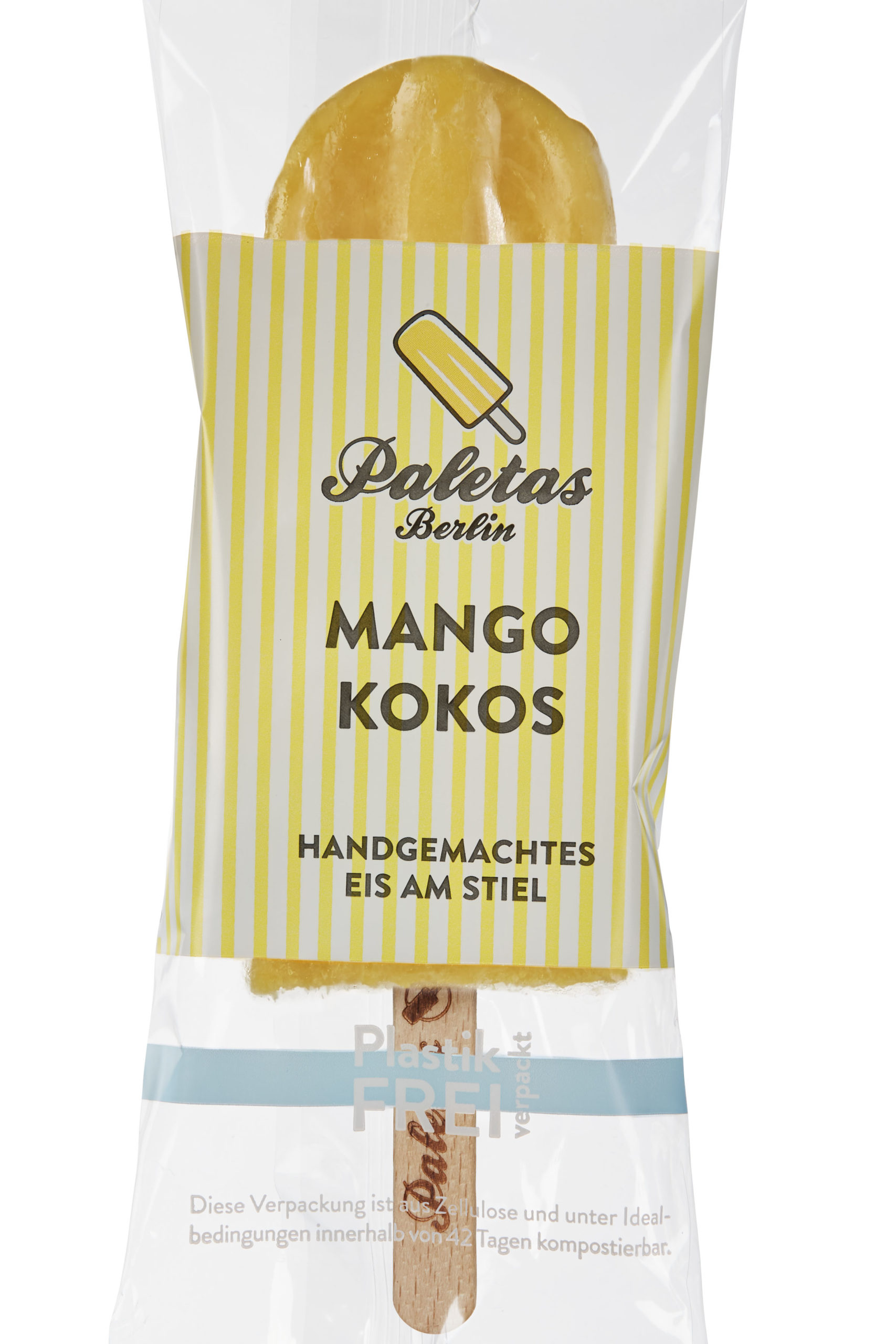 Handgemachtes Eis am Stiel von Paletas, Geschmack Mango-Kokos