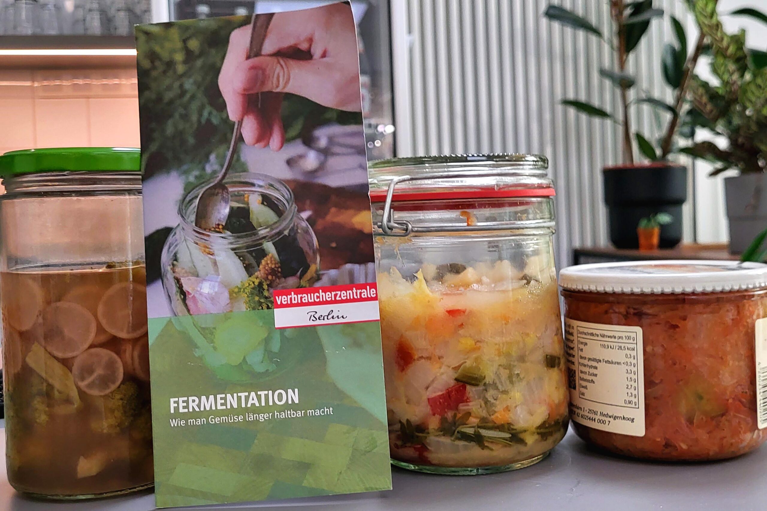 Einmachgläser mit fermentiertem Gemüse und die Broschüre der Verbraucherzentrale Berlin zur Fermentation