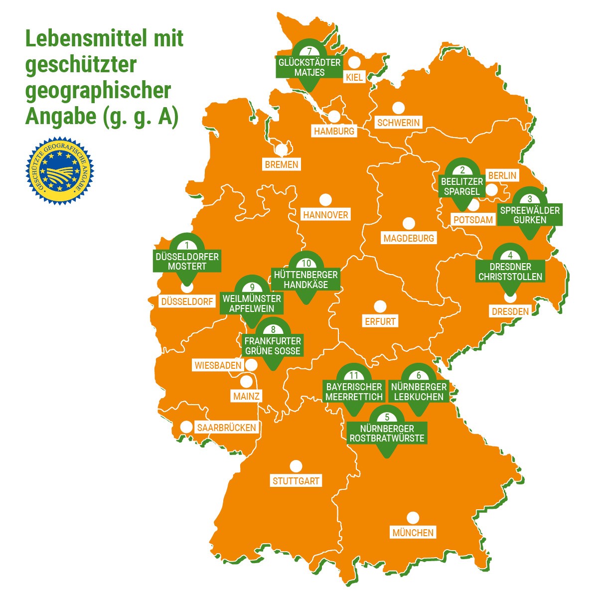 Deutschlandkarte mit Kennzeichnung aller geschützter geographischer Angaben, über die das Lebensmittelmagazin bereits berichtet hat.