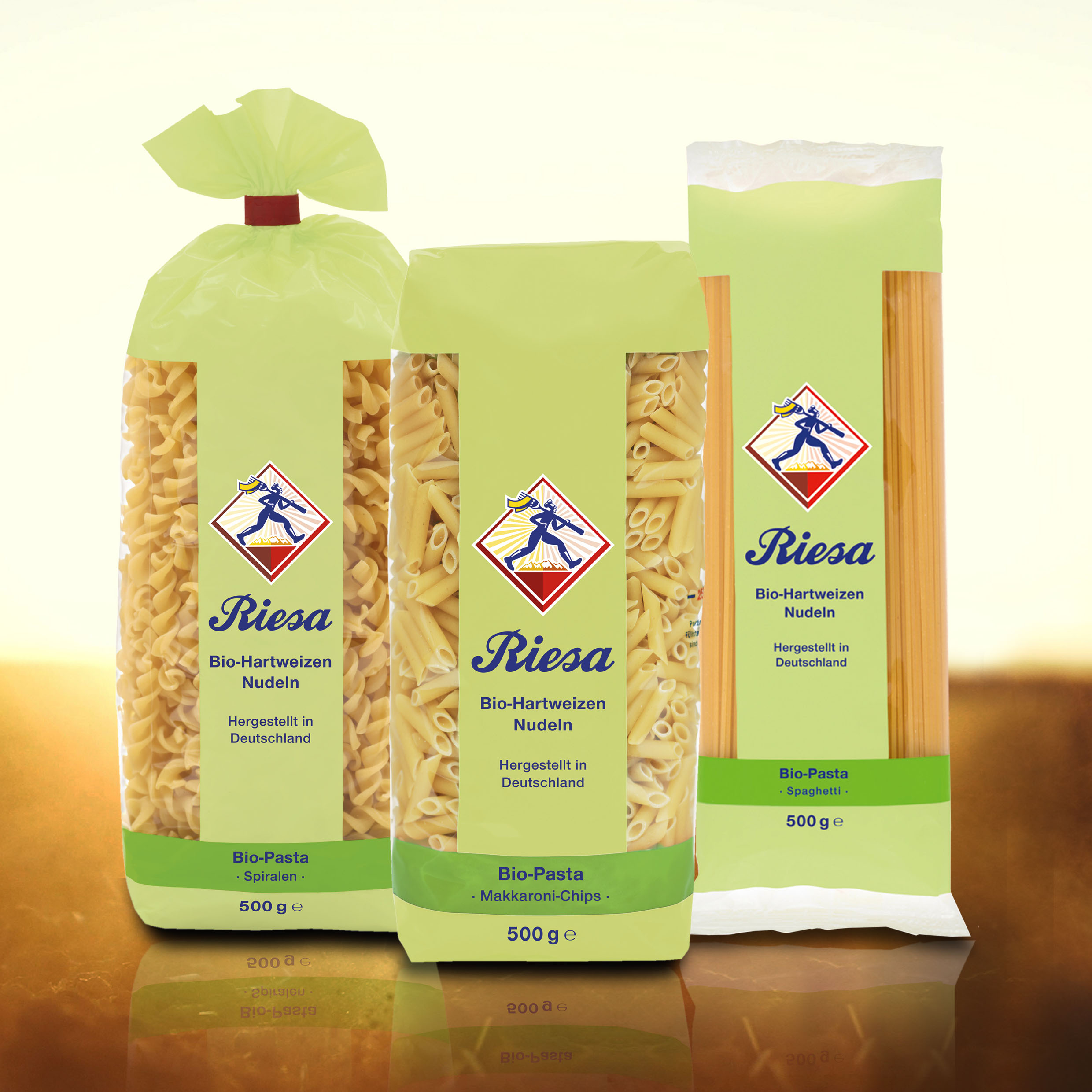 drei verschiedene Sorten Riesa Nudeln in Bio-Qualität